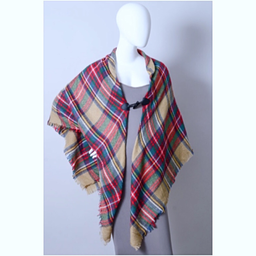 Flannel Plaid Poncho Scarf Wrap Toggle - Picture 4 of 8